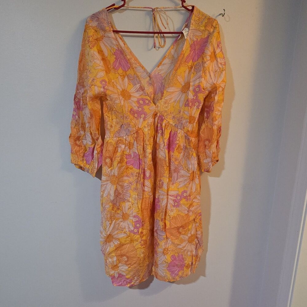 H&M Yellow Floral V Neck Mini Dress Puff Sleeve Boho Cottagecore Women's S